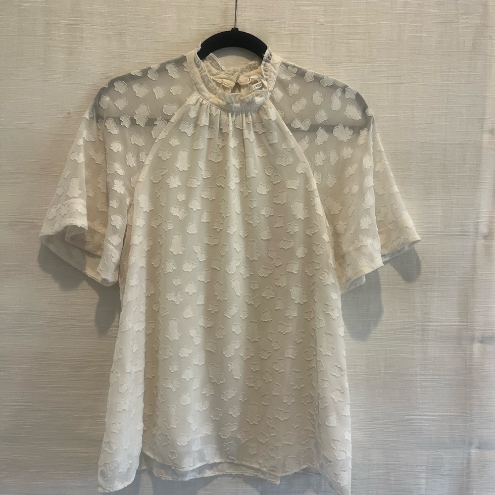 Anthropologie Cream Ruffle-Neck Textured Blouse